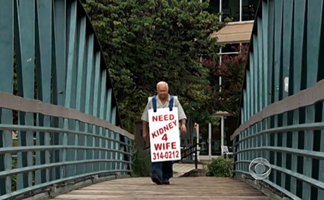 man wears sign that reads Need Kidney 4 Wife