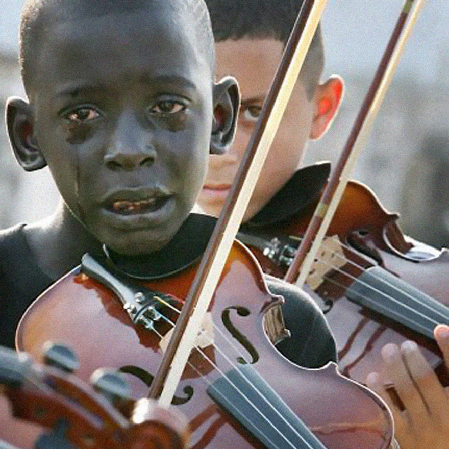 boy plays violin at teacher's funeral